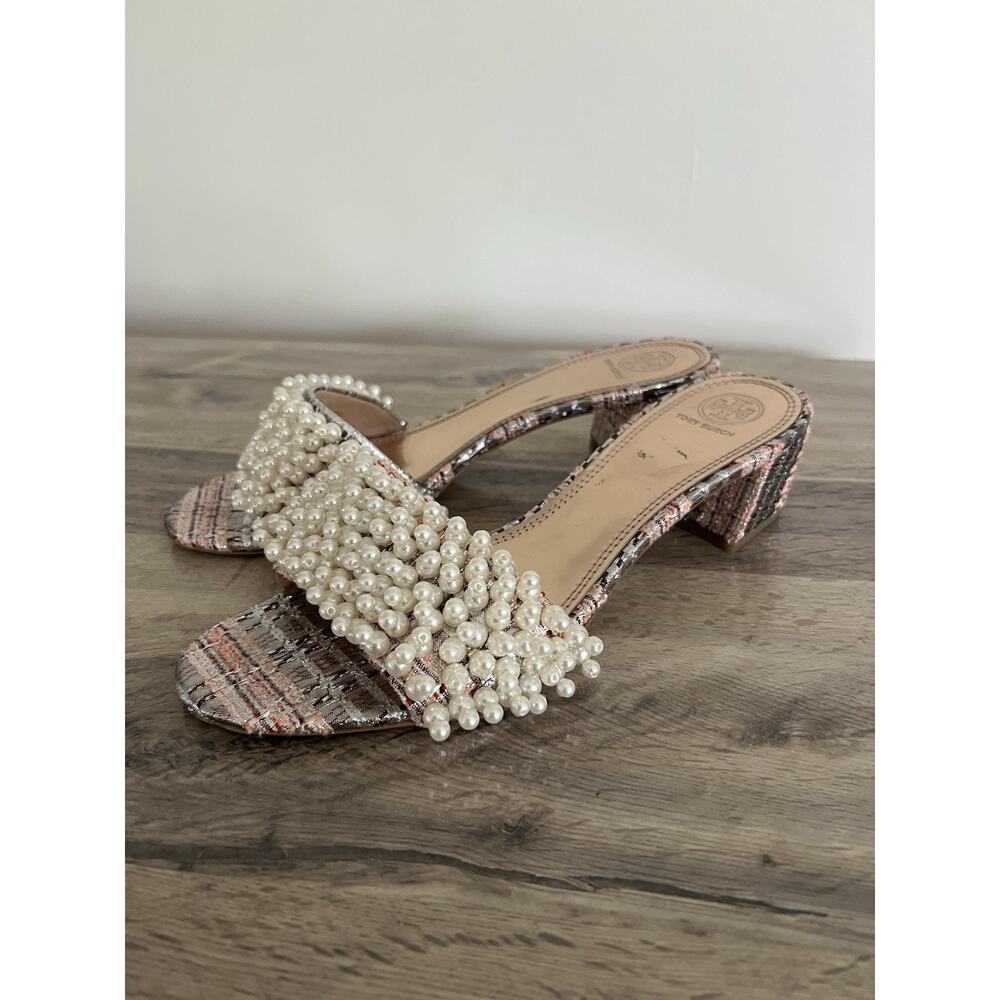 Tory Burch TATIANA Beaded PEARL Tweed Slide Sandals lurex Heels US 10 - Picture 2 of 8